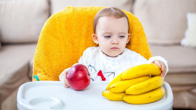 Anak makan buah Little baby girl sitting in baby chair eating fruit apple and bananas