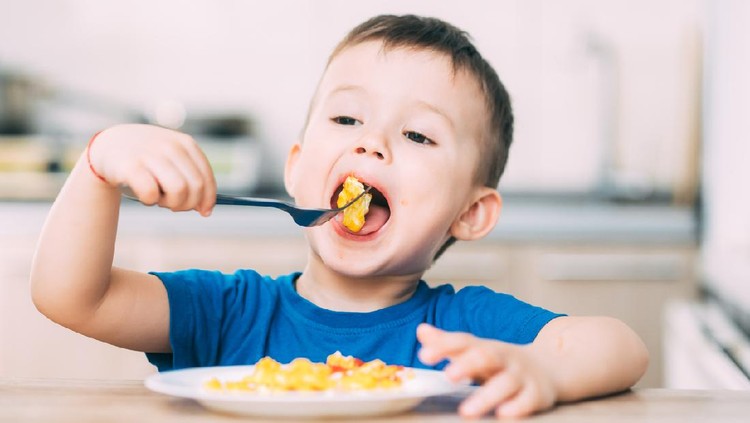 a child in a t-shirt in the kitchen eating an omelet, a fork