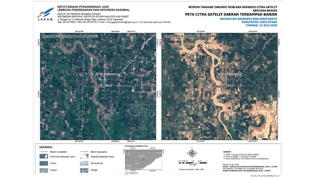 Hasil pencitraan satelit SPOT-6 oleh Lembaga Penerbangan dan Antariksa Nasional (LAPAN) menunjukkan banjir di kota Masamba, Kabupaten Luwu Utara menyebabkan kerusakan besar.