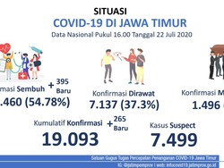 Kasus Positif COVID-19 di Jatim Tambah 265 Jadi 19.093, yang Sembuh 10.460