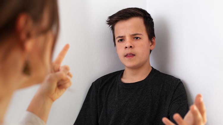 Woman and her teenager son having a quarrel - gesturing to emphasize the arguments, problems of adolescence concept