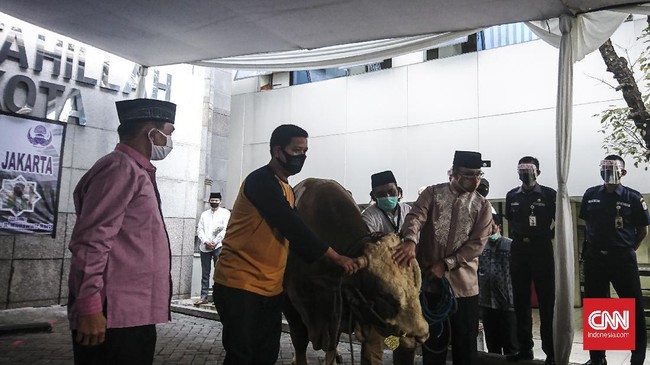 Gubernur DKI Jakarta, Anies Baswedan, menyerahkan sapi kurban seberat 1,3 ton usai menunaikan ibadah salat Iduladha di Masjid Fatahillah, Jakarta, Jumat (31/7).
