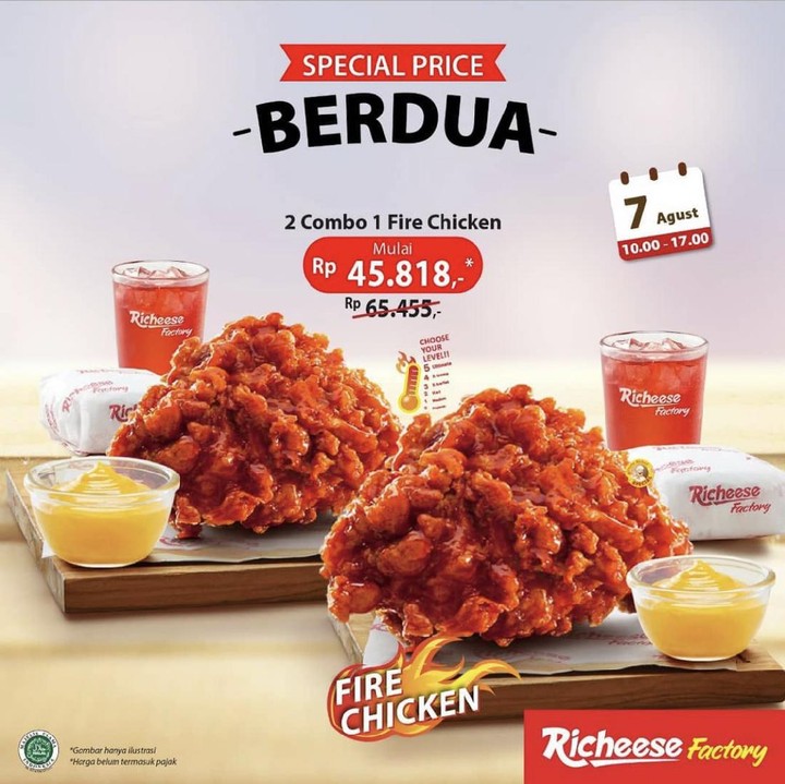 <p>Makan berdua jadi lebih murah di Richeese Factory, hanya Rp45.818 saja lho. Promo ini berlaku mulai 7 Agustus dari pukul 10 pagi sampai 5 sore.</p>