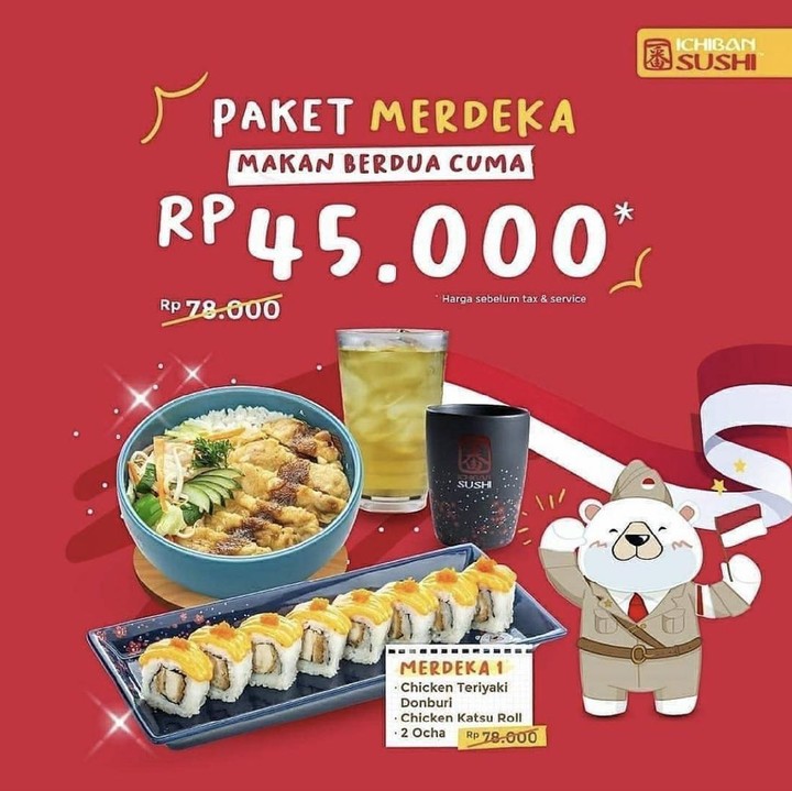 <p>Makan di Ichiban Sushi jadi lebih hemat nih. Makan berdua cuma Rp45 ribu aja lho.</p>