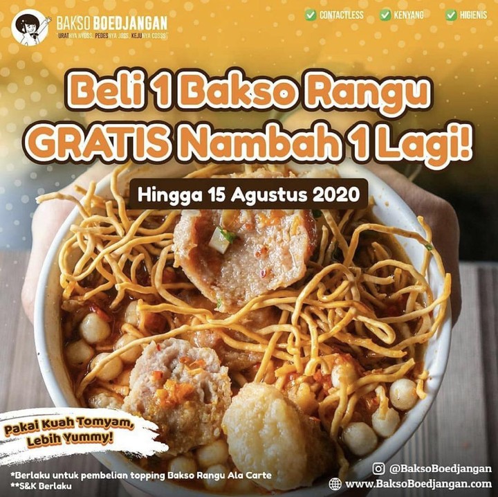 <p> Promo menarik dari Bakso Beodjangan ini cuma sampai 15 Agustus 2020! Jadi pecinta bakso jangan sampai kehabisan ya.</p>