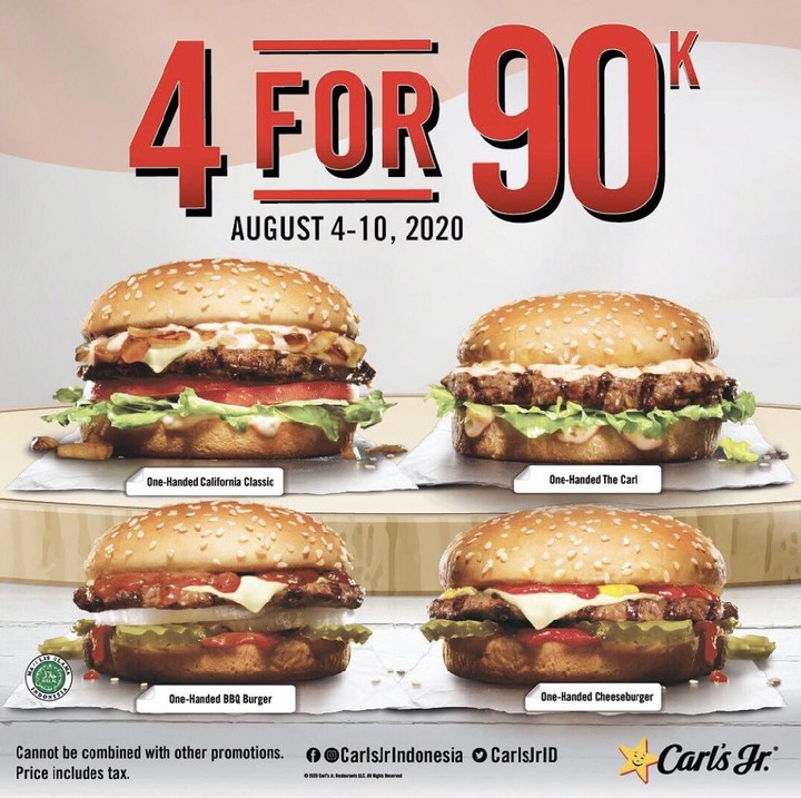 <p>Promo dari Carl's Jr, 4 menu burger super enak ini cuma Rp90 ribu aja. Berlaku sampai tanggal 10 Agustus 2020.</p>