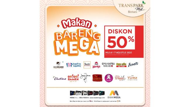 Bank Mega memberikan diskon 50 persen bagi pencinta kuliner dan pelanggan setia Transmart di HUT ke-75 RI kali ini.