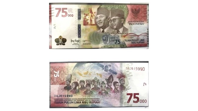 Bank Indonesia (BI) bersama Kementerian Keuangan meluncurkan uang kertas pecahan Rp75 ribu untuk merayakan Kemerdekaan RI ke-75 tahun, Senin (17/8).