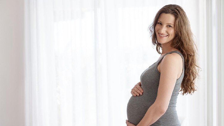 Portrait of a smiling pregnant woman sitting on her sofa