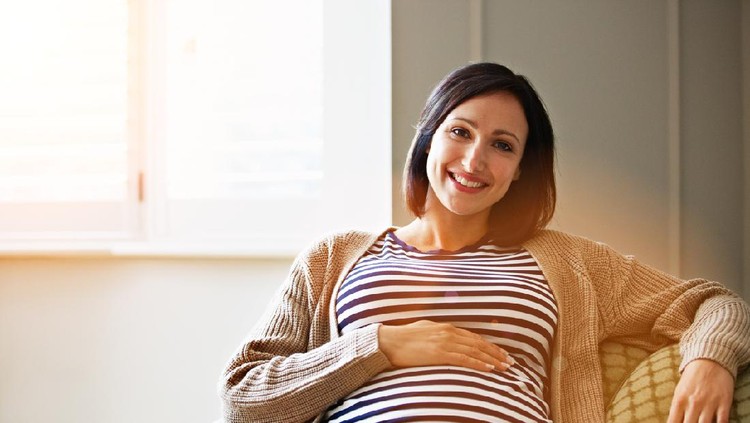 Portrait of a smiling pregnant woman sitting on her sofa