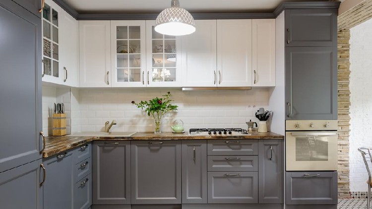 interior of modern luxury grey and white wooden kitchen