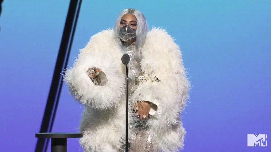 In this video grab issued Sunday, Aug. 30, 2020, by MTV, Lady Gaga accepts the award for artist of the year during the MTV Video Music Awards. (MTV via AP)