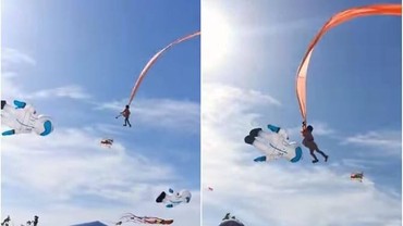 Viral Balita Terbang Gegara Nyangkut di Layangan Raksasa