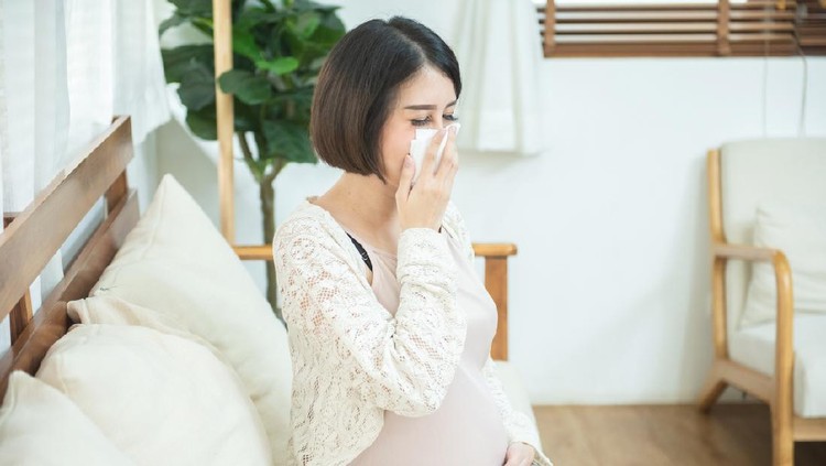 pregnant asian female use tissue paper close mouth and nose, she cough and feeling fever, pregnancy and people concept - sick pregnant woman blowing nose with paper tissue at home