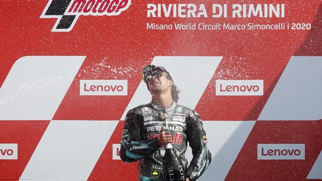 Franco Morbidelli meraih podium pertamanya di ajang MotoGP setelah menang di MotoGP San Marino 2020 di Sirkuit Misano, Minggu (13/9).