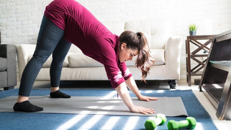 Gerakan Downward Dog Ibu Hamil Side view of attractive pregnant woman practicing downward dog pose on exercise mat at home