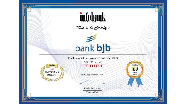 Bank BJB meraih predikat khusus Sangat Bagus Selama 20 Tahun Berturut-turut dari ajang 25th Infobank Awards 2020 pada Kamis (24/9).