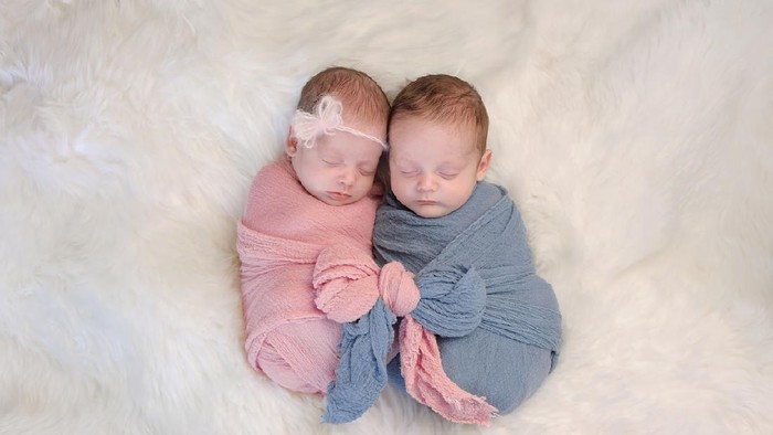 Two month old, boy and girl fraternal twin babies. They are sleeping and swaddled together in pink and blue wraps that are tied together in a bow.