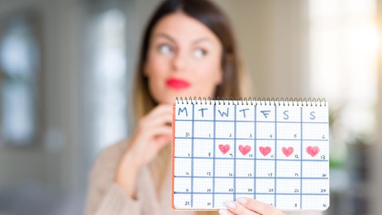 Young beautiful woman holding menstruation calendar at home serious face thinking about question, very confused idea
