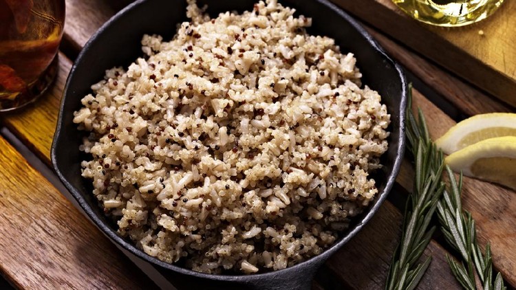 Quinoa with Brown Rice in a Cast Iron Pan.