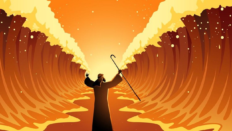 nabi musa Biblical and religion vector illustration series, Moses held out his staff and the Red Sea was parted by God