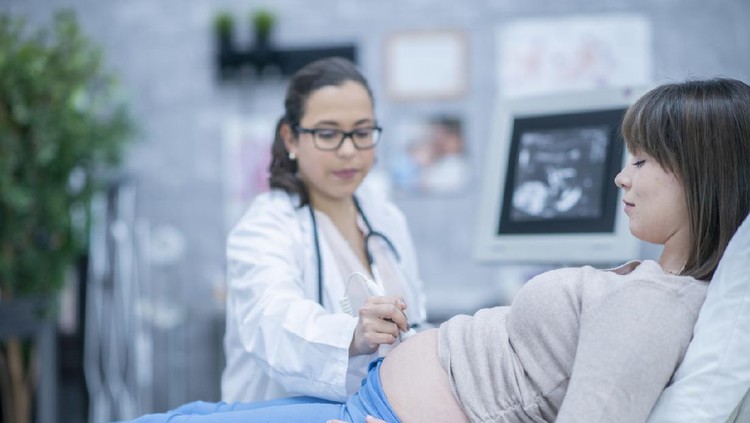 A pregnant woman and her female doctor are indoors in a hospital. The doctor is performing an ultrasound.