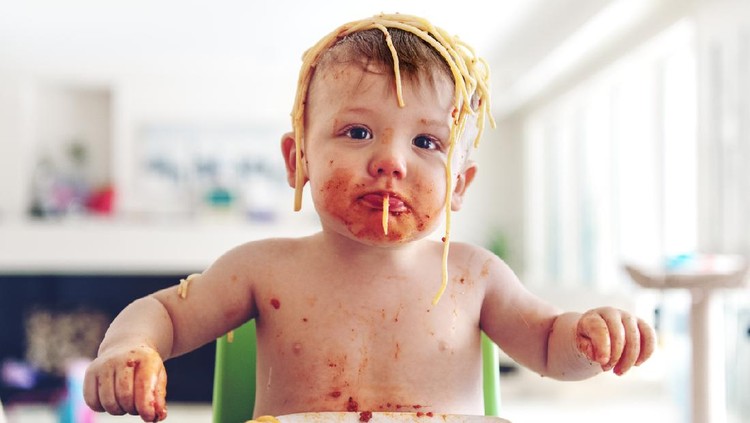 Baby Boy Eating Spaghetti