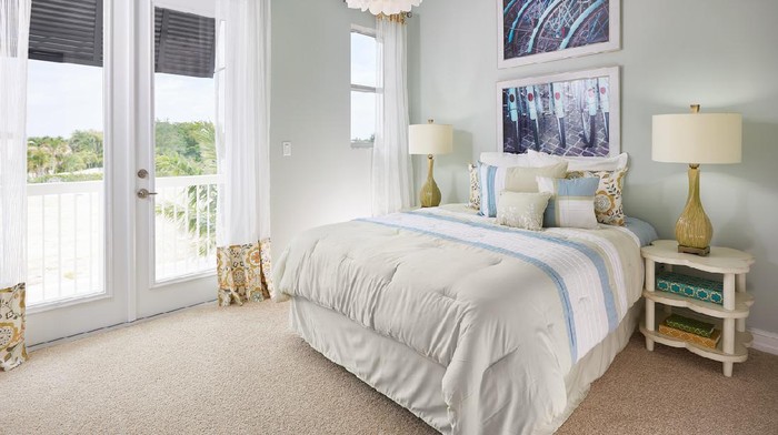 Mock up frame in bedroom interior, marine room with sea decor and furniture, Coastal style, 3d render