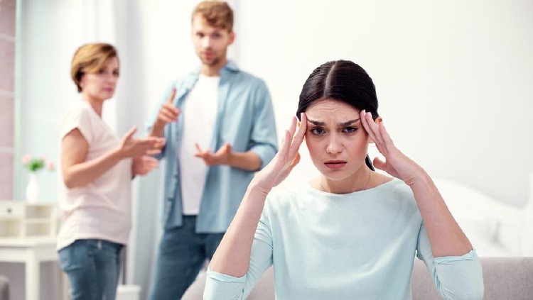 cerita bunda Strong headache. Unhappy depressed woman touching her temples while feeling depressed