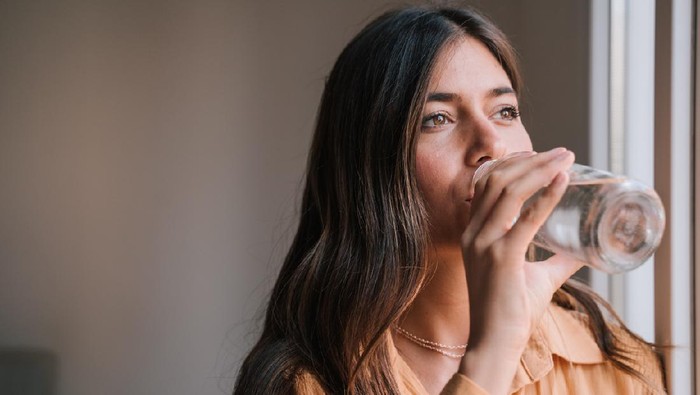 young beautiful woman by the window at home drinking water. Lifestyle