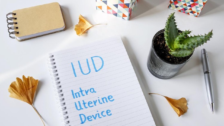 IUD Intra Uterine Device written in notebook on white table