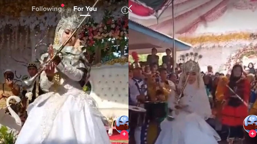 Pengantin melakukan aksi mayoret di pernikahannya