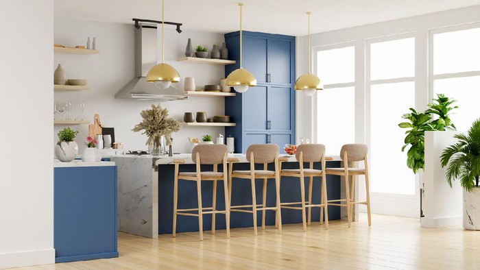 Modern kitchen interior with furniture.Stylish kitchen interior with white wall.3D Rendering