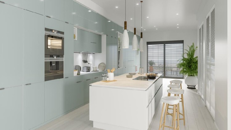 Modern kitchen interior with furniture.Stylish kitchen interior with white wall.3D Rendering