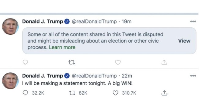 Twitter menandai kicauan capres AS Donald Trump tentang adanya upaya mencuri suara pemilu sebagai konten menyesatkan.