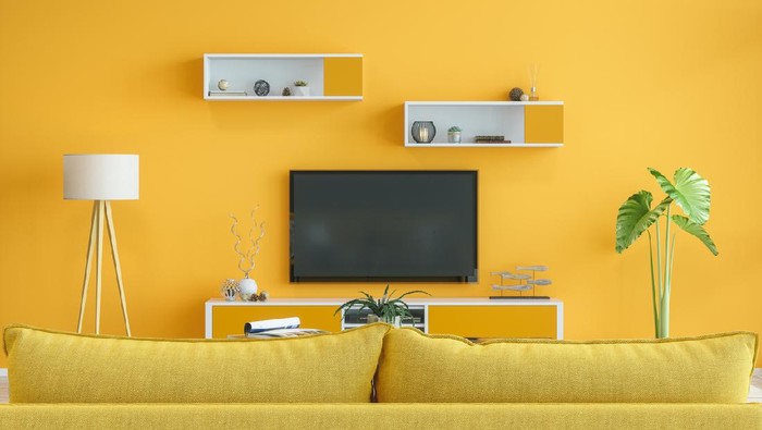 Smart Tv Mockup With Blank Screen In Yellow Room