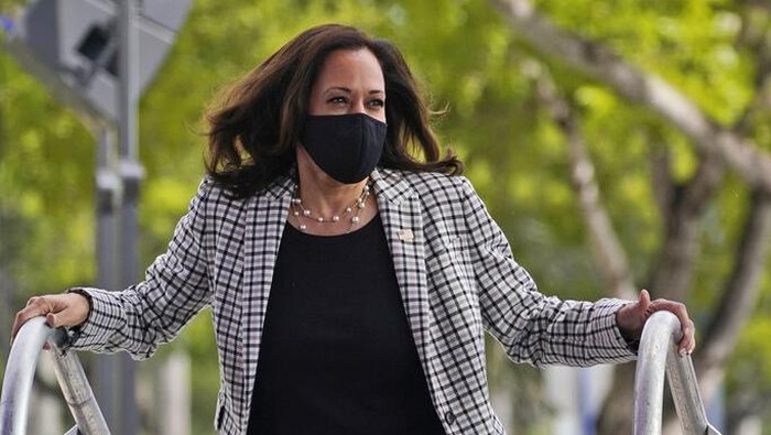Democratic vice presidential candidate Sen. Kamala Harris, D-Calif., speaks at a campaign event Tuesday, Oct. 27, 2020, in Las Vegas. (AP Photo/John Locher)