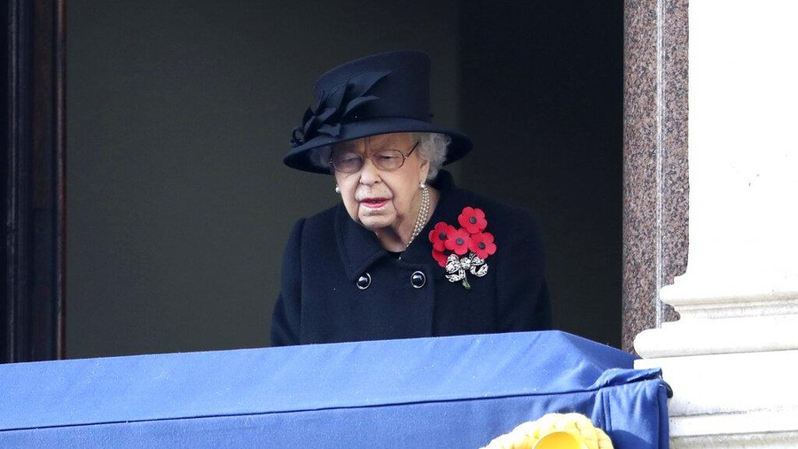 Britain's Kate, the Duchess of Cambridge stands on the balcony of the Foreign Office, during the Remembrance Sunday service at the Cenotaph, in Whitehall, London, Sunday Nov. 8, 2020. (Peter Nicholls/Pool Photo via AP)