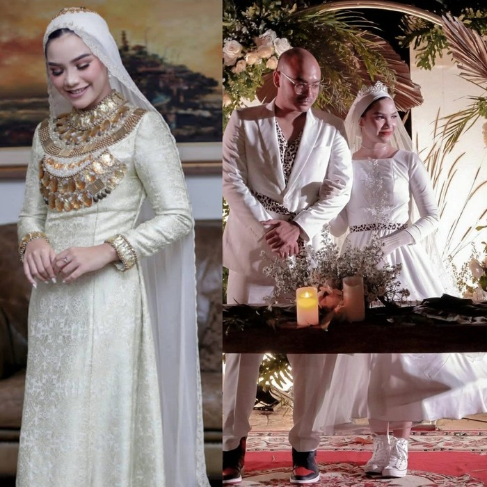 Rifqa Malsyita, adik dari artis Zaskia Adya Mecca dan Haykal Kamil ini menikah pada 12 April 2020 dengan Israndi Anggara Pasopati. Rifqa yang kerap tampil dengan gaya nyentrik ini juga memilih tak berpenampilan biasa di hari bahaginya. Saat prosesi akad ia mengenakan gaun koleksi Dian Pelangi bernuansa emas yang dihiasi dengan rhinestone. Sedangkan busana resepsinya berupa A line dress putih berdetail belt motif macan yang serasi dengan busana mempelai pria serta dilengkapi dengan sepatu sneakers. (Pernikahan Rifqa Malsyita/Foto: Instagram/findusplanner)