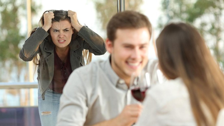 Ilustrasi pasangan yang selingkuh Disloyal boyfriend caught by his angry girlfriend dating with another girl in a restaurant