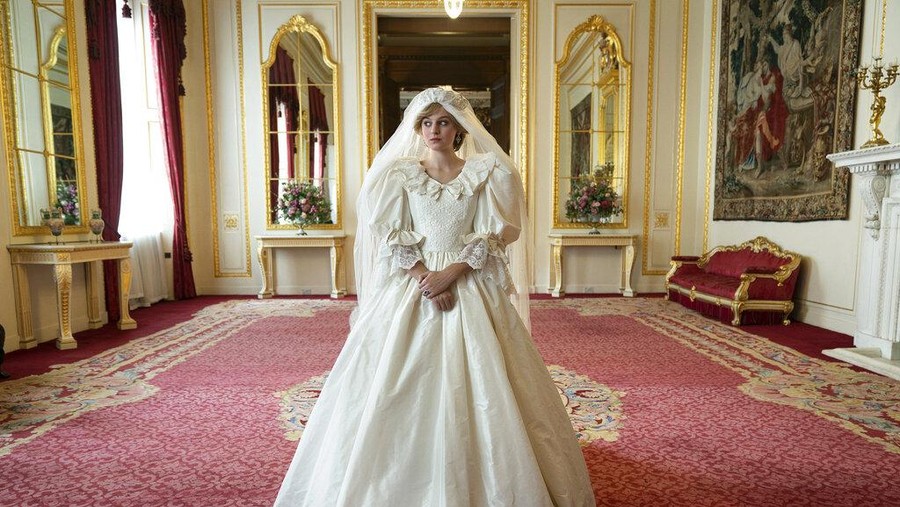 This combination photo shows Emma Corrin portraying Diana Spencer in the fourth season of the Netflix series 