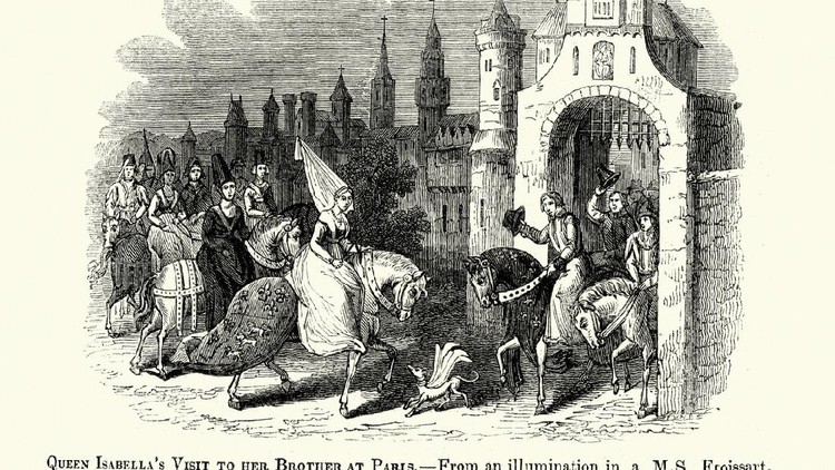 Vintage engraving of a scene from Froissart's Chronicles. Queen Isabella's visit to her Brother ar Paris. Isabella of France (1295 to 22 August 1358), sometimes described as the She-Wolf of France, was Queen of England as the wife of Edward II.