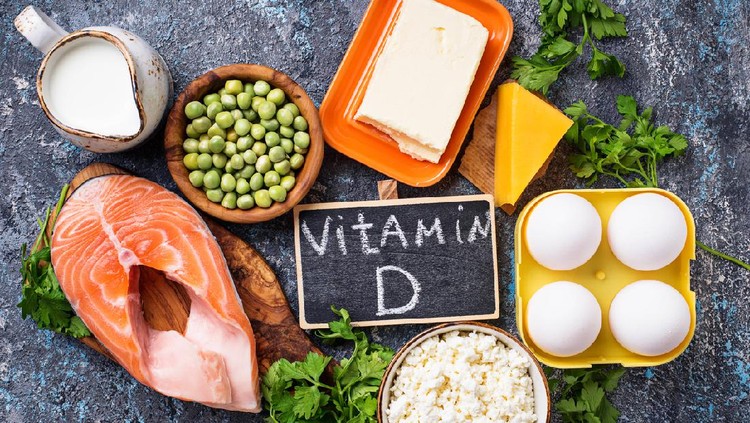 Healthy foods containing vitamin D. Top view