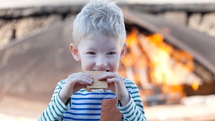 happy positive kid eating smores