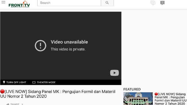 Saluran Youtube milik FPI, Front TV dilaporkan hilang dari layanan streaming video itu.
