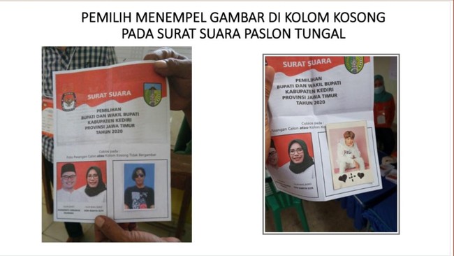 Bawaslu menemukan tren perusakan surat suara di Pilkada 2020 dengan menempel foto, salah satunya idola K-Pop Suga BTS.