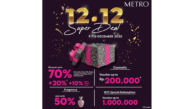 Metro 12.12 Super Deal memberikan diskon hingga 70 persen untuk produk tas, sepatu, pakaian, mainan anak, parfum, skincare, hingga perlengkapan rumah tangga.