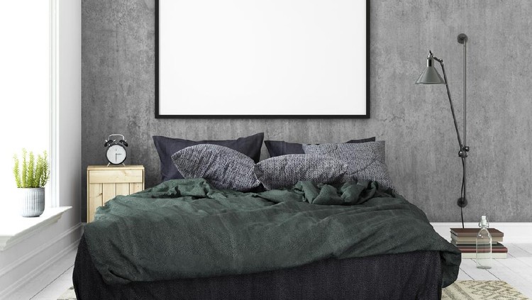 Blank picture poster frame template. hipster design bedroom with concrete wall. Dark gray bed. interior with window, hardwood floor, pillows. Horizontal render