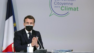 France's President Emmanuel Macron delivers a speech during a Citizens' Convention on Climate, in Paris, Monday, Dec. 14. (AP Photo/Thibault Camus, Pool)