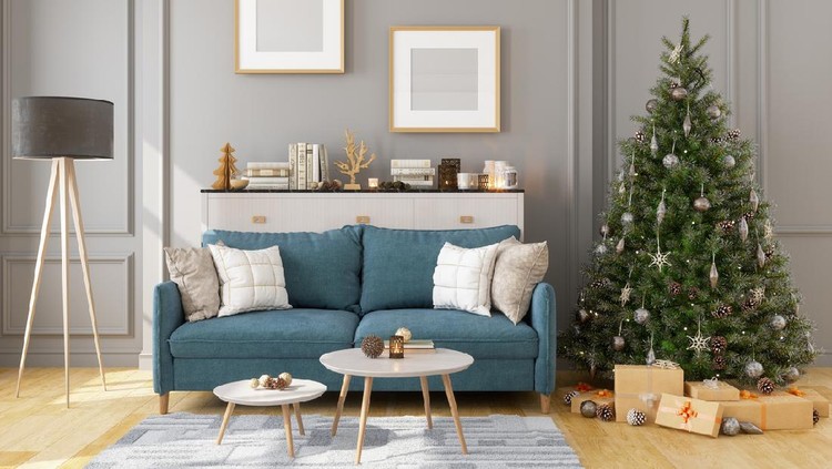 Rumah Minimalis Picture Frame, Sofa And Christmas Tree In Living Room